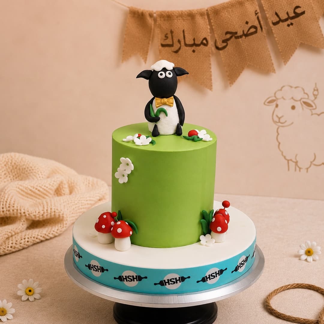 كيكة عيد الأضحى خضراء يعلوها خروف صغير