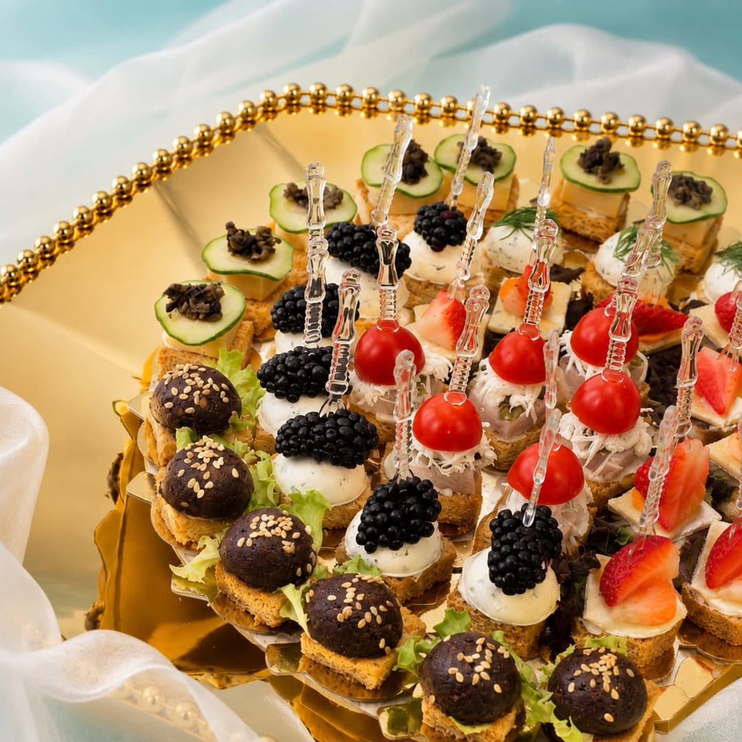 كنابيه وتارت صغيرة بالتوت والفراولة على صينية ذهبية